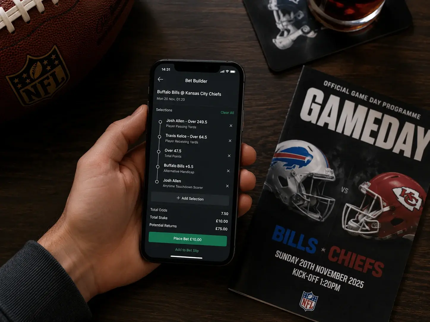 NFL bet builder interface showing combined selections from a single game at a UK bookmaker
