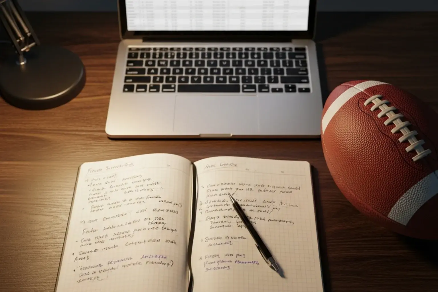 NFL betting strategy notebook with analysis notes next to an American football on a desk