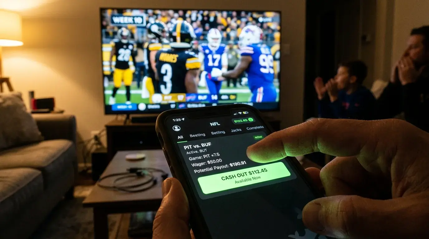 Cash out button on an NFL bet slip at a UK bookmaker showing partial and full options