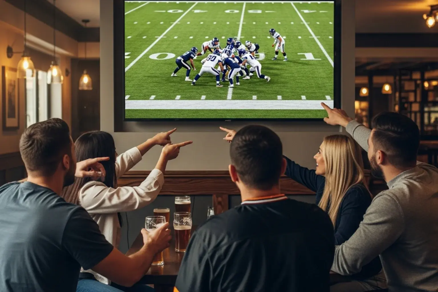 NFL fans in the UK watching an American football game together on a large screen