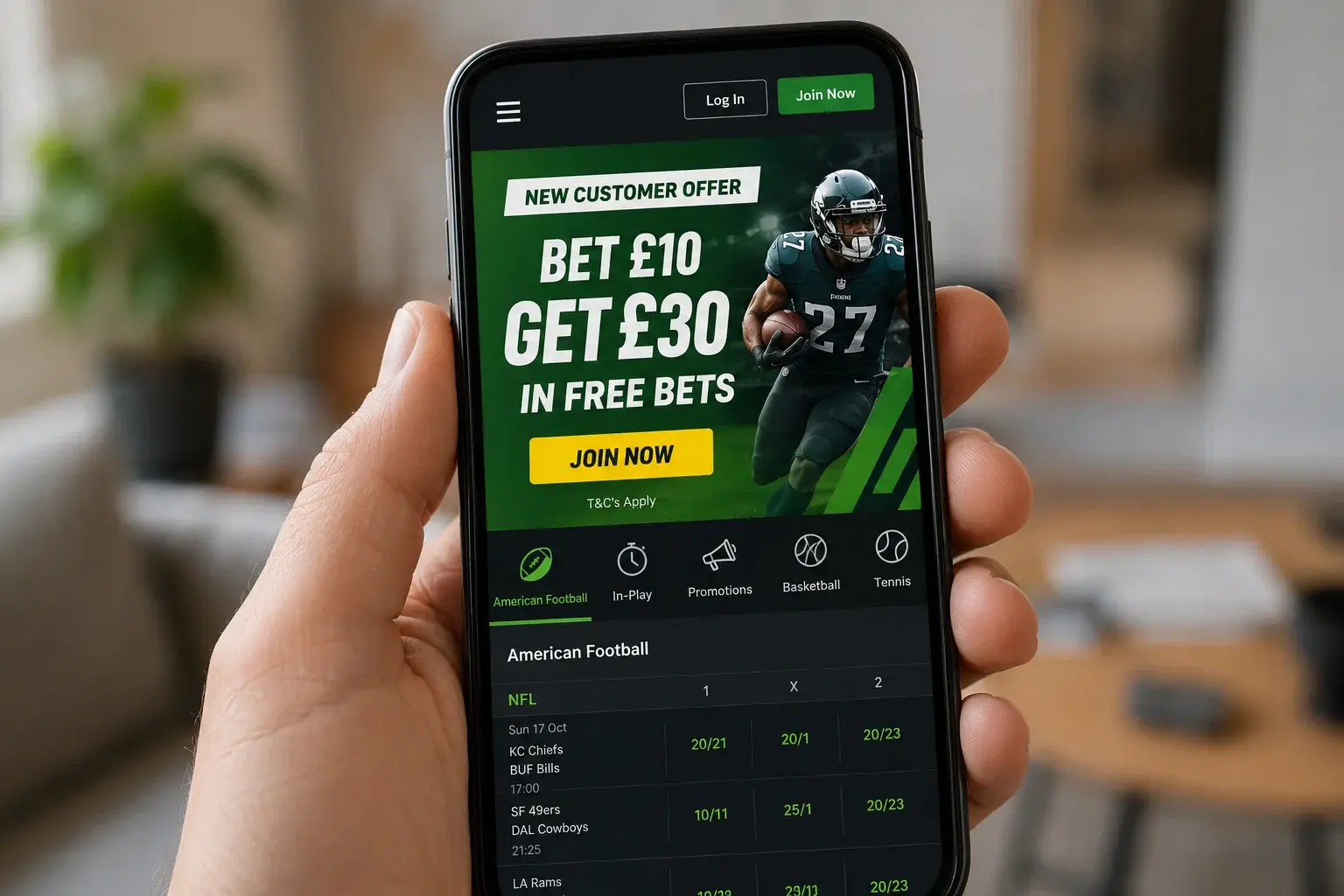 NFL free bet promotional offer at a UK bookmaker with terms and conditions