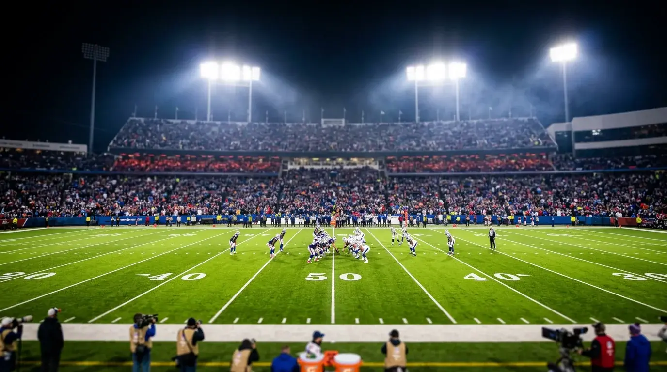 NFL game in progress under stadium lights with fans reacting to a live play representing in-play betting excitement