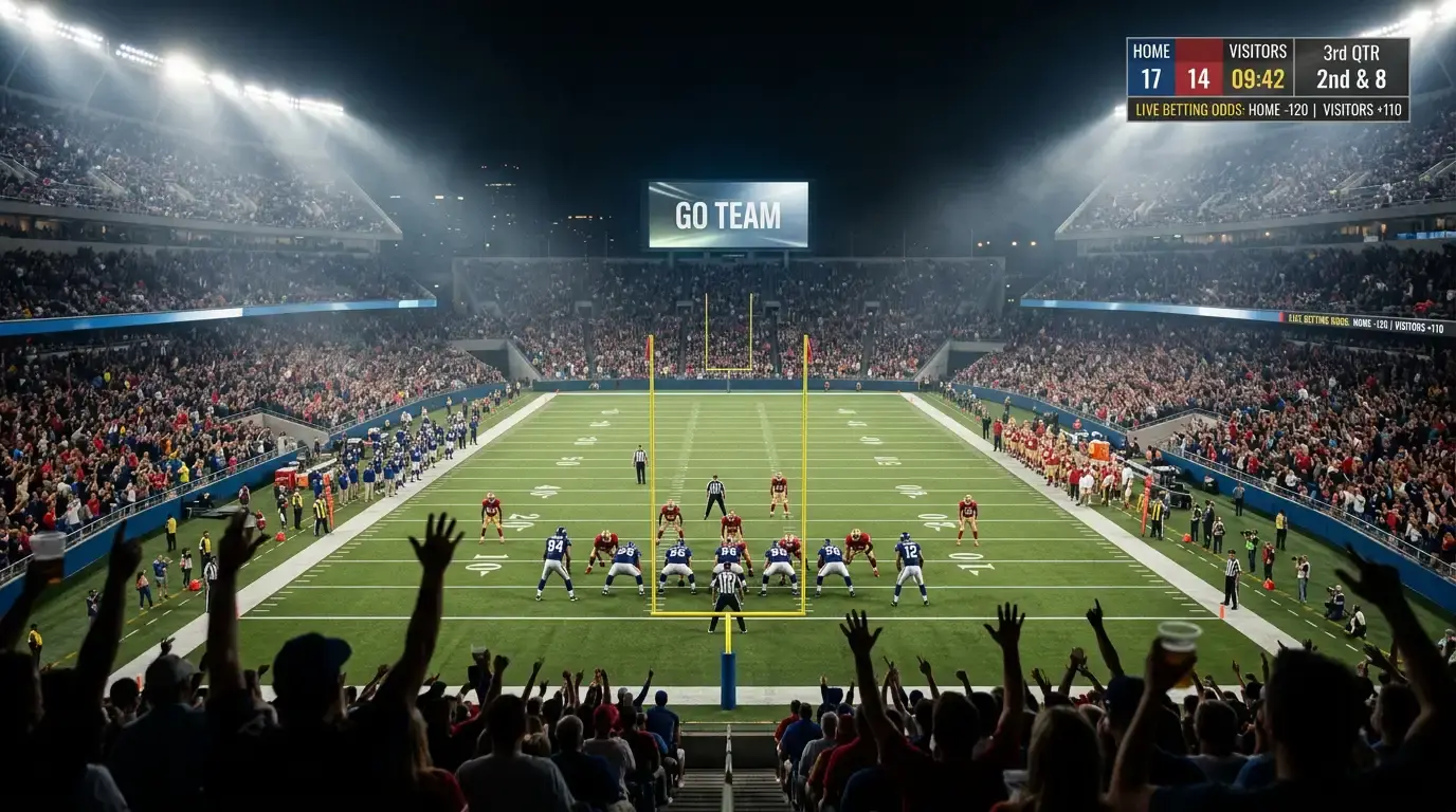 American football stadium under lights during an evening NFL game with live betting atmosphere