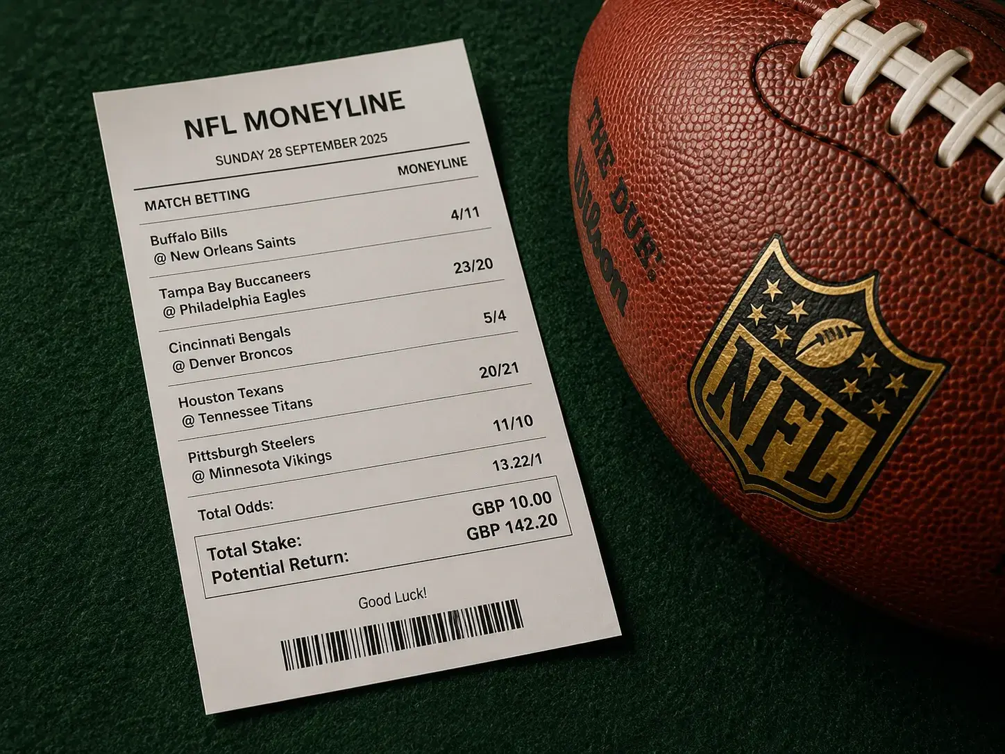 NFL moneyline bet slip showing outright winner odds at a UK bookmaker