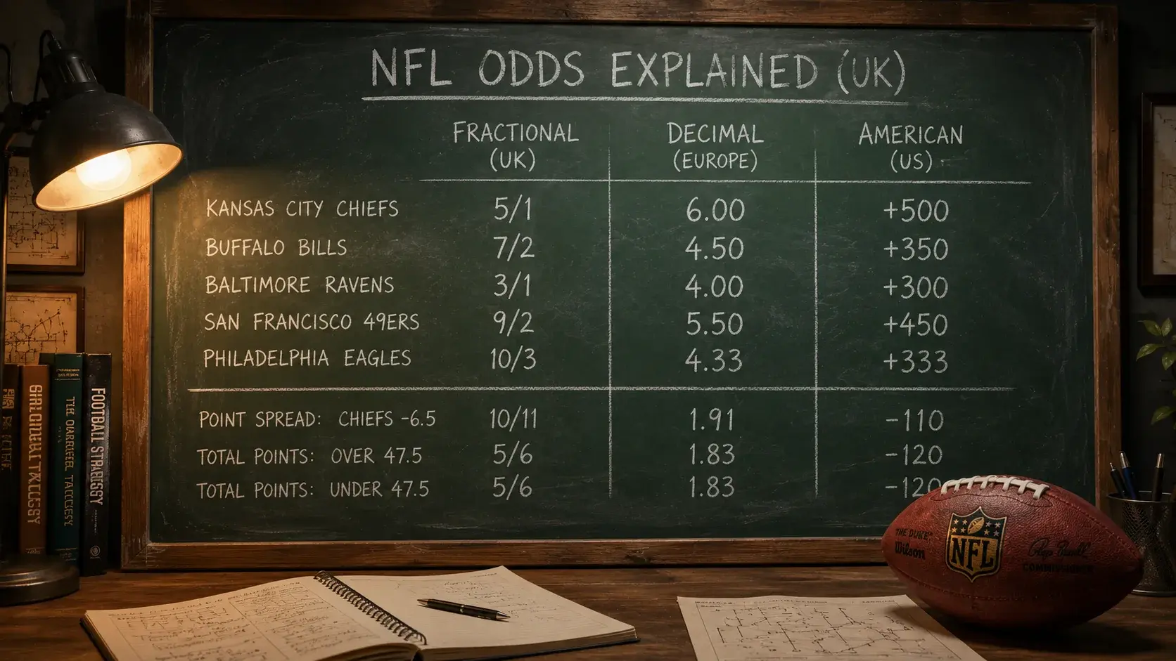 NFL odds comparison showing fractional decimal and American formats on a chalkboard