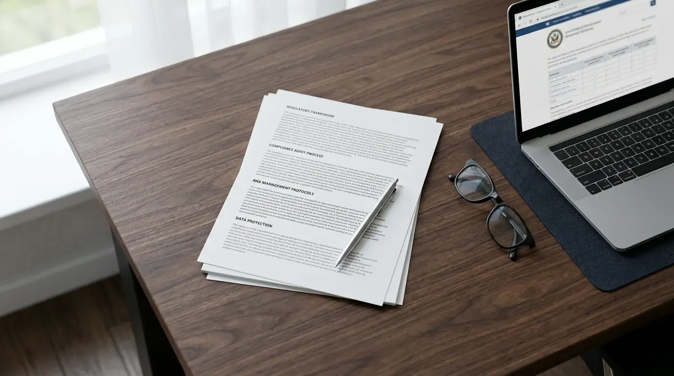 Professional desk with regulatory compliance documents and a laptop showing UKGC licensing guidelines for sports betting operators